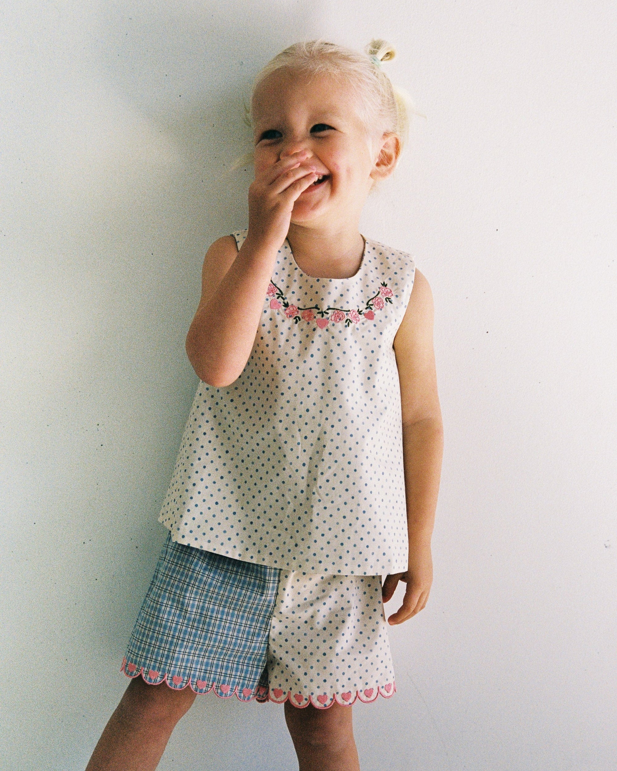 Della Top | Blue Check and Polka Dot