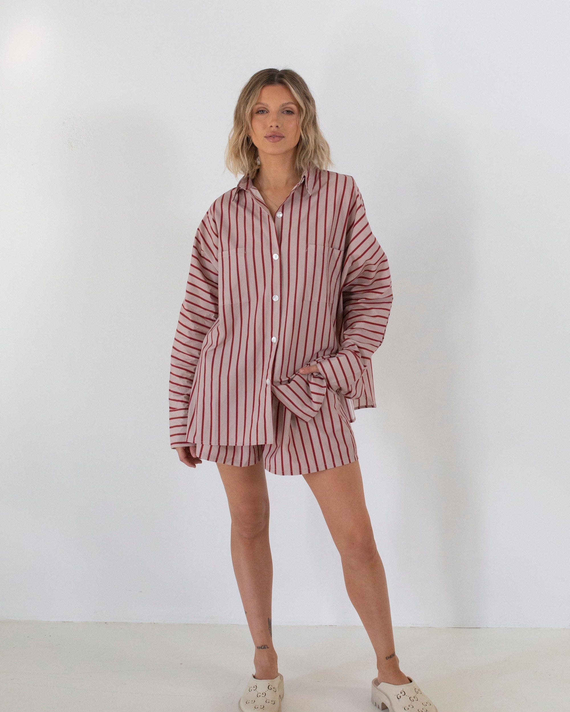 Isla Stripe Cotton Set | Pale Blush/Deep Red