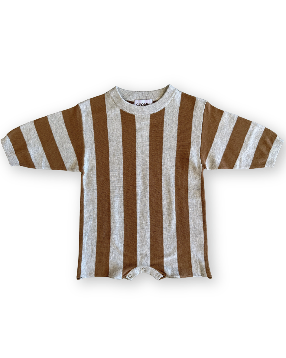 Vertical Stripe Knit Romper | Grey Marle/Brownie