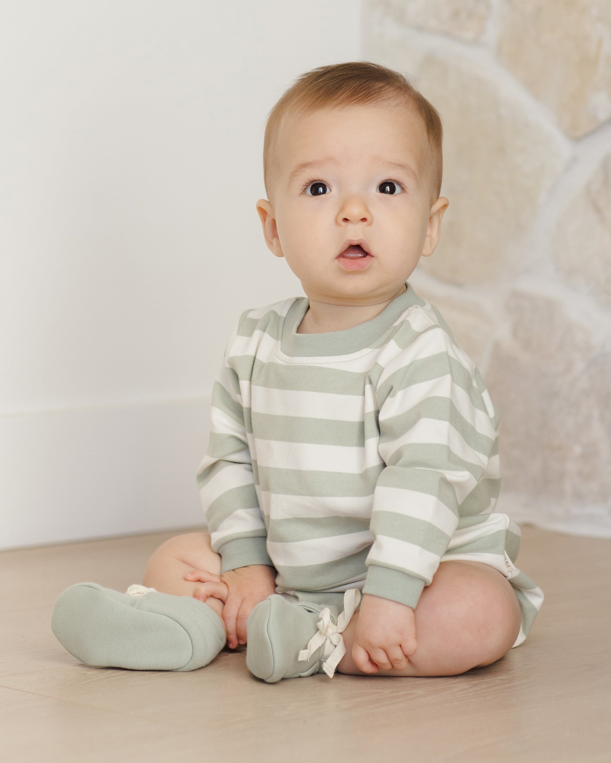 Crewneck Bubble Romper | Sage Stripe