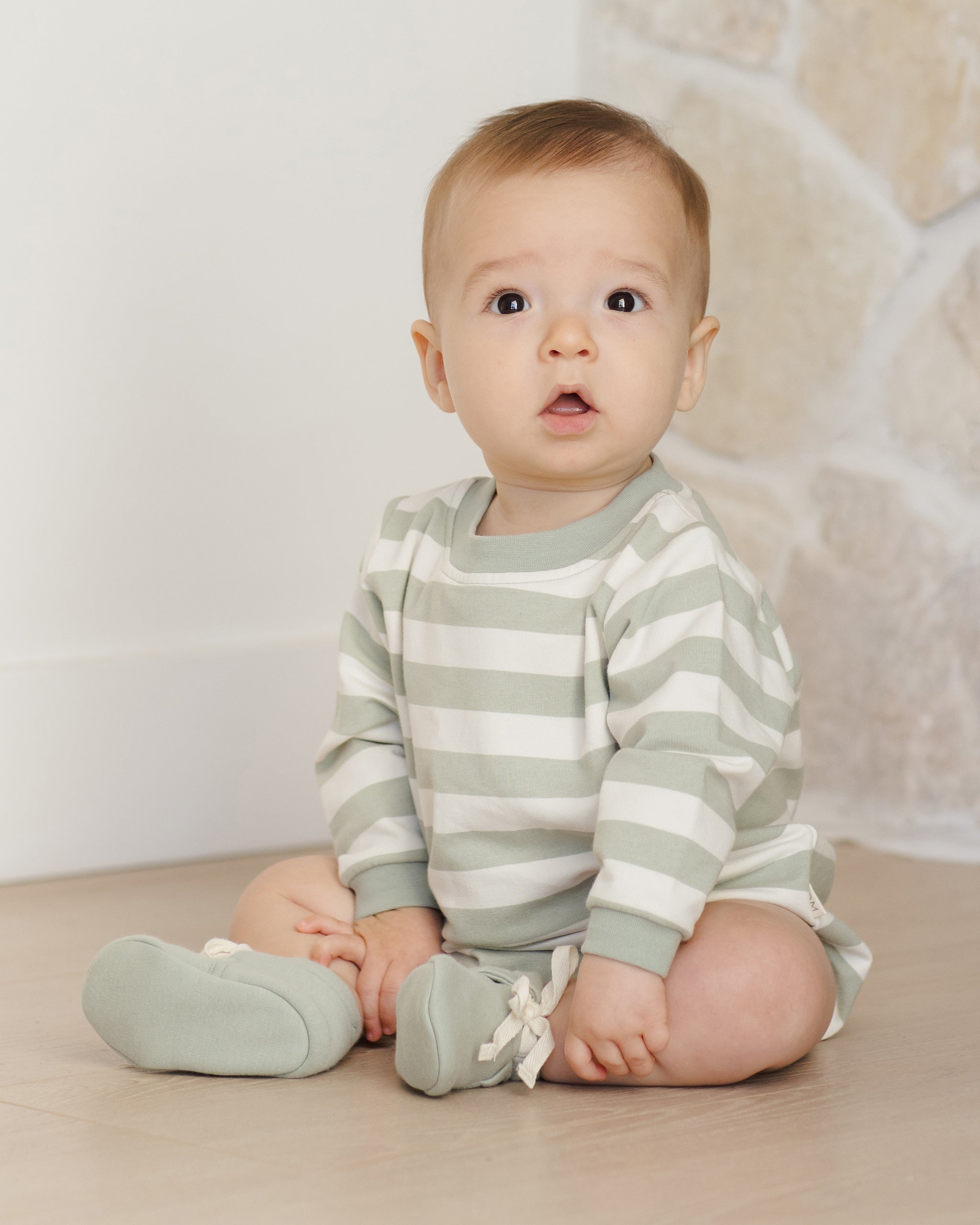 Crewneck Bubble Romper | Sage Stripe